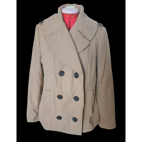 Merona Womens Double-Breasted Camel Peacoat Size L Wool Blend - Picture 1 of 7